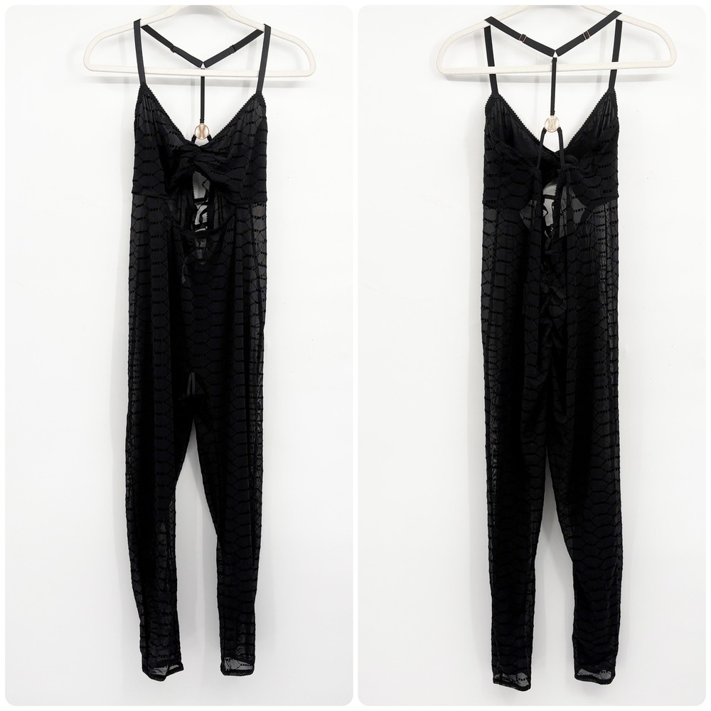 NWT Savage X Fenty Womens Black Flocked Logo Sheer Mesh Cut-Out Catsuit Size 1X